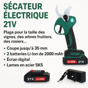 Sécateur Électrique 21V avec 2 Batteries Li-Ion